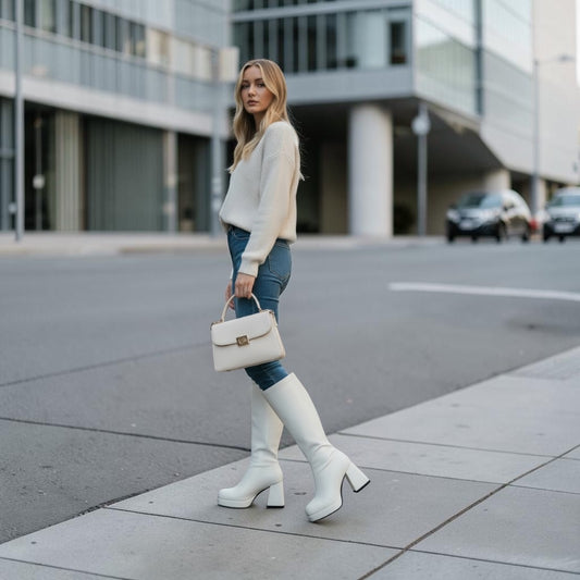 Pre-Loved Retro White Chunky Heel Tall Boots