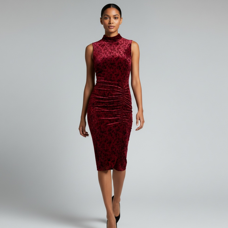 Maroon Velvet Mock Neck Cocktail Dress, Sleeveless Ruched Midi, Size 8 NWT