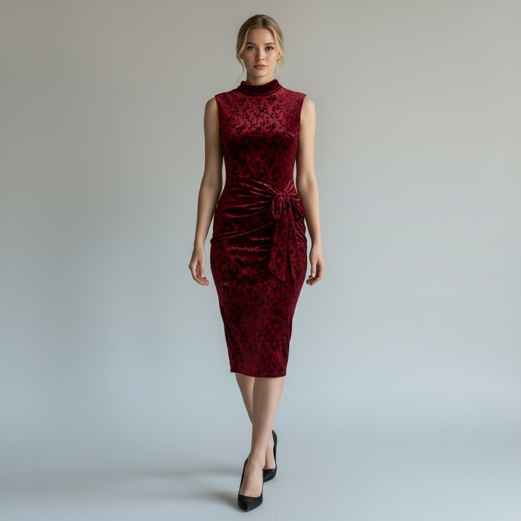 Maroon Velvet Mock Neck Cocktail Dress, Sleeveless Ruched Midi, Size 8 NWT