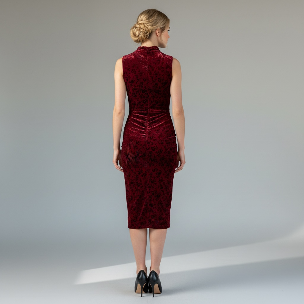 Maroon Velvet Mock Neck Cocktail Dress, Sleeveless Ruched Midi, Size 8 NWT