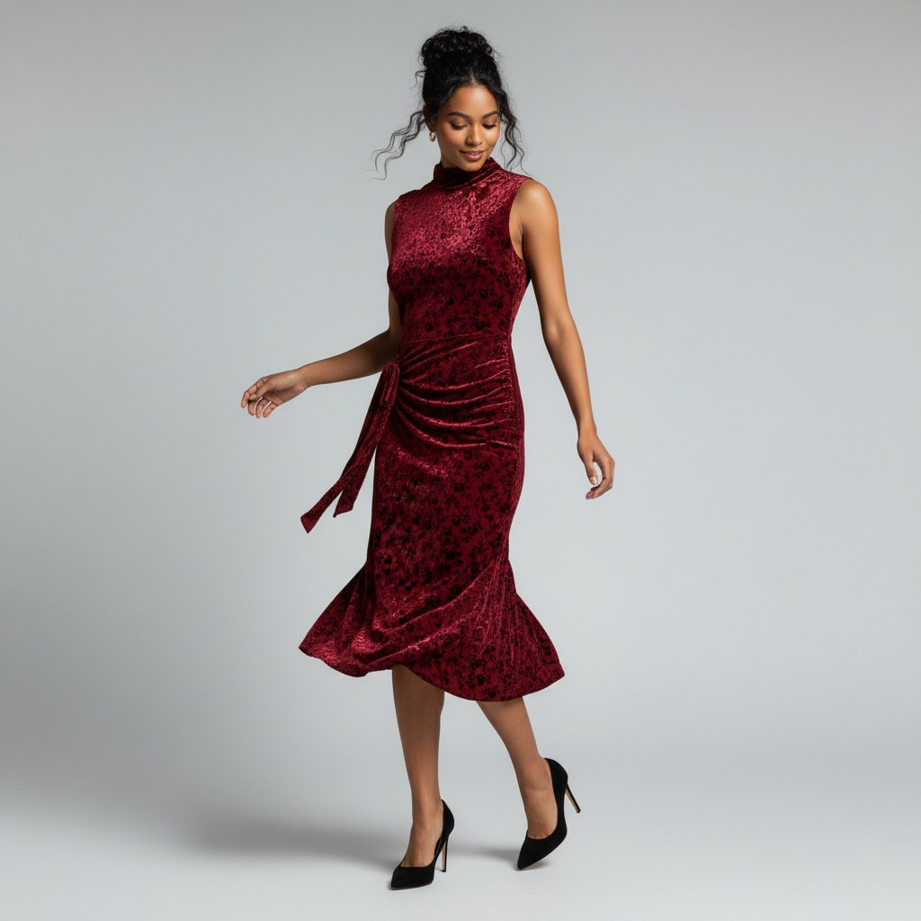 Maroon Velvet Mock Neck Cocktail Dress, Sleeveless Ruched Midi, Size 8 NWT