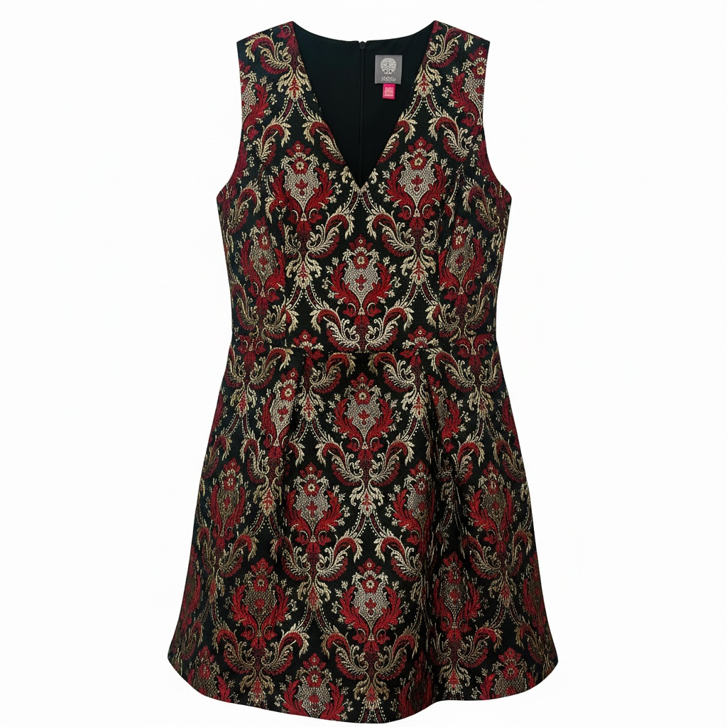 Vince Camuto Metallic Gold Red Tapestry Jacquard V-Neck Midi Dress Size 14 NWT