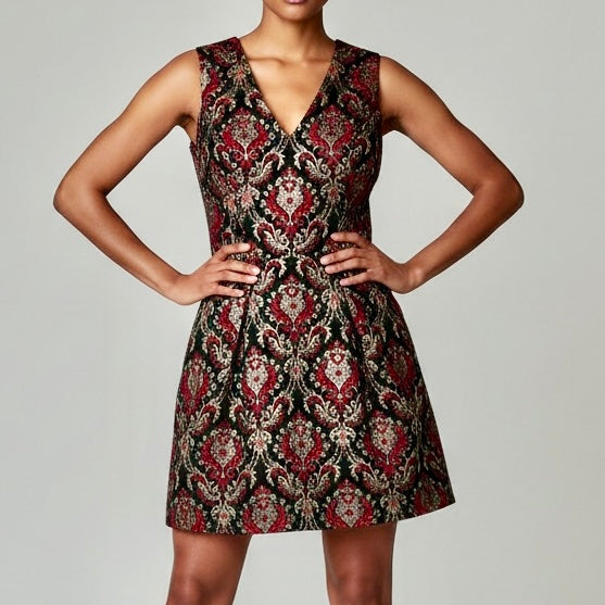 Vince Camuto Metallic Gold Red Tapestry Jacquard V-Neck Midi Dress Size 14 NWT