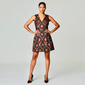 Vince Camuto Metallic Gold Red Tapestry Jacquard V-Neck Midi Dress Size 14 NWT