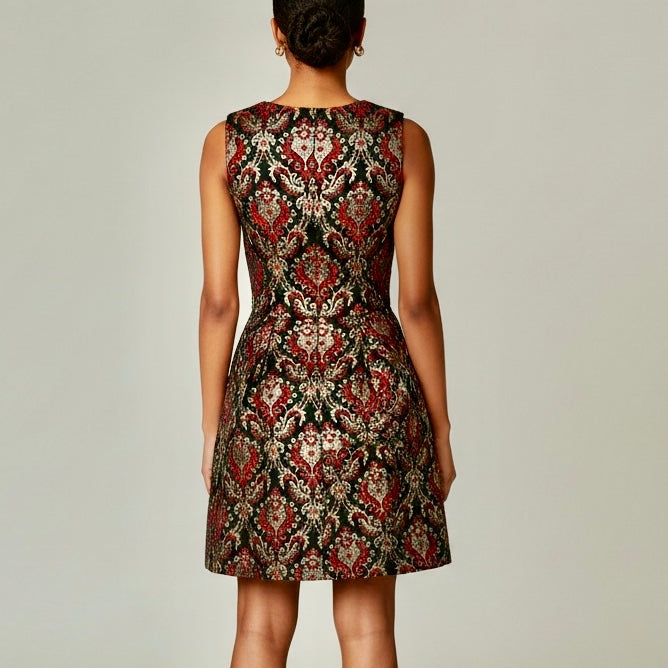 Vince Camuto Metallic Gold Red Tapestry Jacquard V-Neck Midi Dress Size 14 NWT