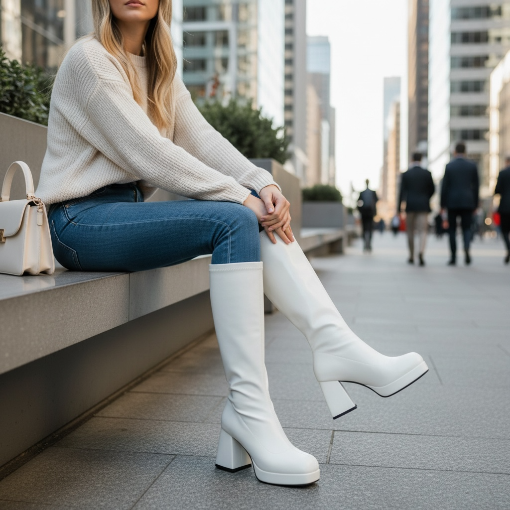Pre-Loved Retro White Chunky Heel Tall Boots