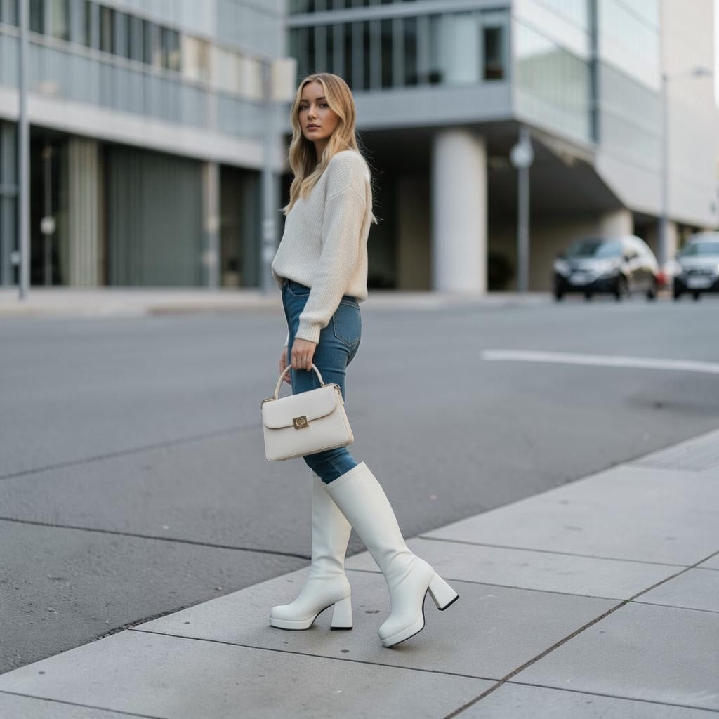 Pre-Loved Retro White Chunky Heel Tall Boots