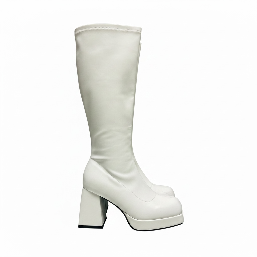 Pre-Loved Retro White Chunky Heel Tall Boots